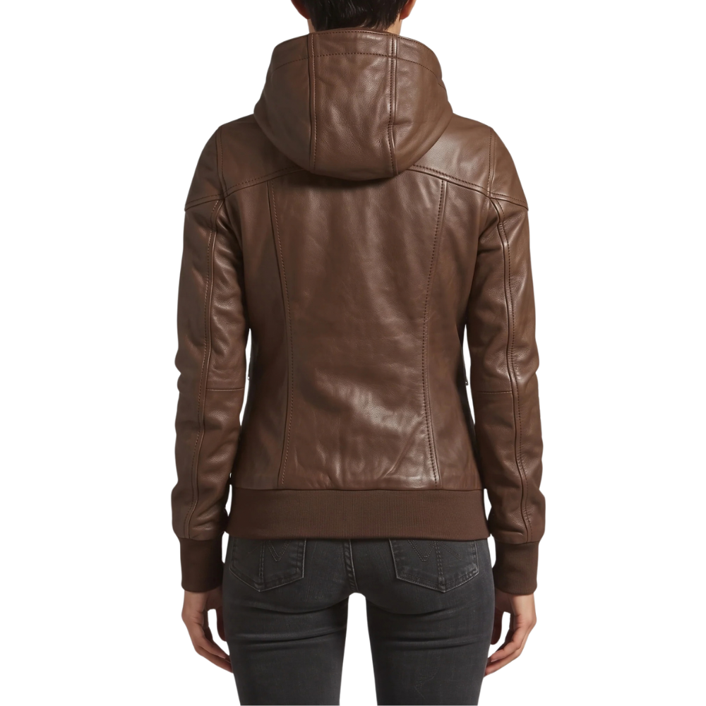 Women's Hooded Brown Leather Jacket - Image 6