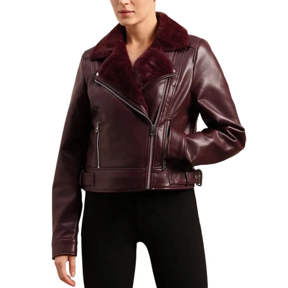 Women's Burgundy Fur Shearling Leather Jacket
