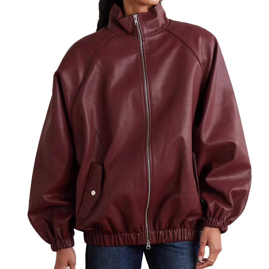 Women's Maroon Leather Bomber Jacket - Image 2