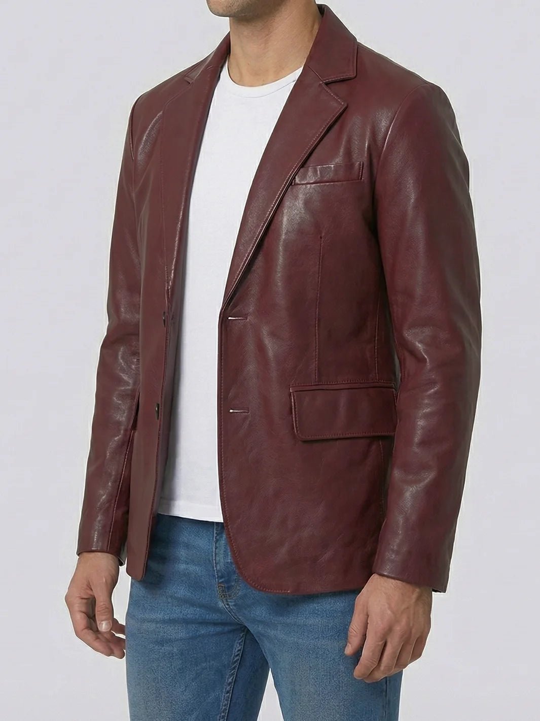 Men's Burgundy Real Leather Blazer - Image 3