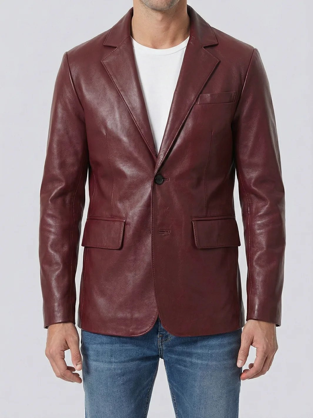 Men's Burgundy Real Leather Blazer - Image 4