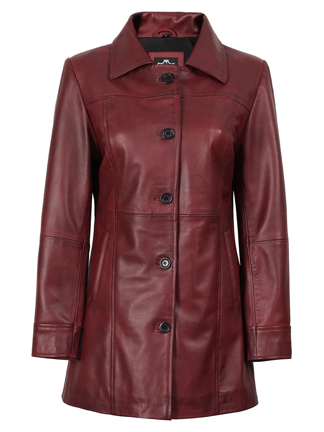 Kandis - Women's Burgundy Leather 3/4 Length Car Coat - Image 4