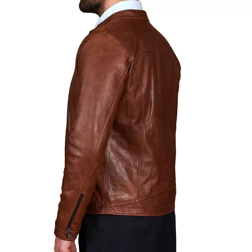 Men's Cognac Leather Cafe Racer Jacket - Image 6