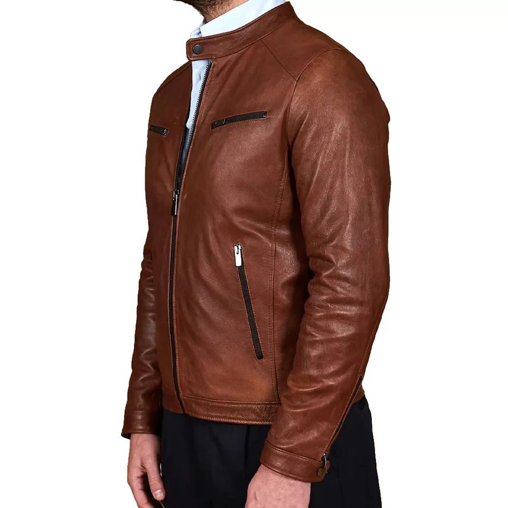 Men's Cognac Leather Cafe Racer Jacket - Image 5
