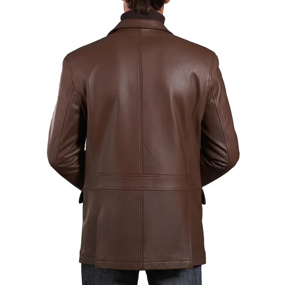 Mens Two Button Notch Lapel Chocolate Brown Leather Blazer - Image 6
