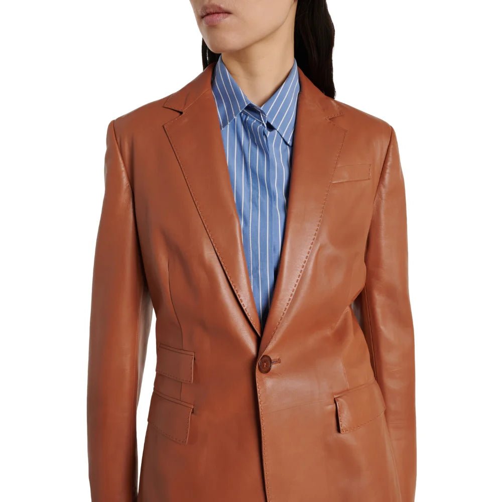 Women's Single Button Cognac Leather Blazer with Ticket Pocket - Image 2