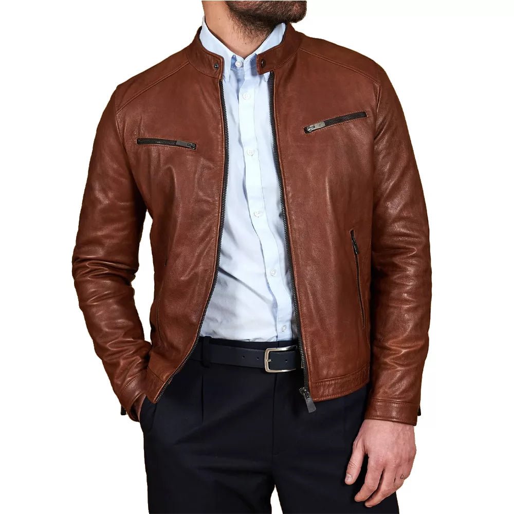 Men's Cognac Leather Cafe Racer Jacket - Image 2