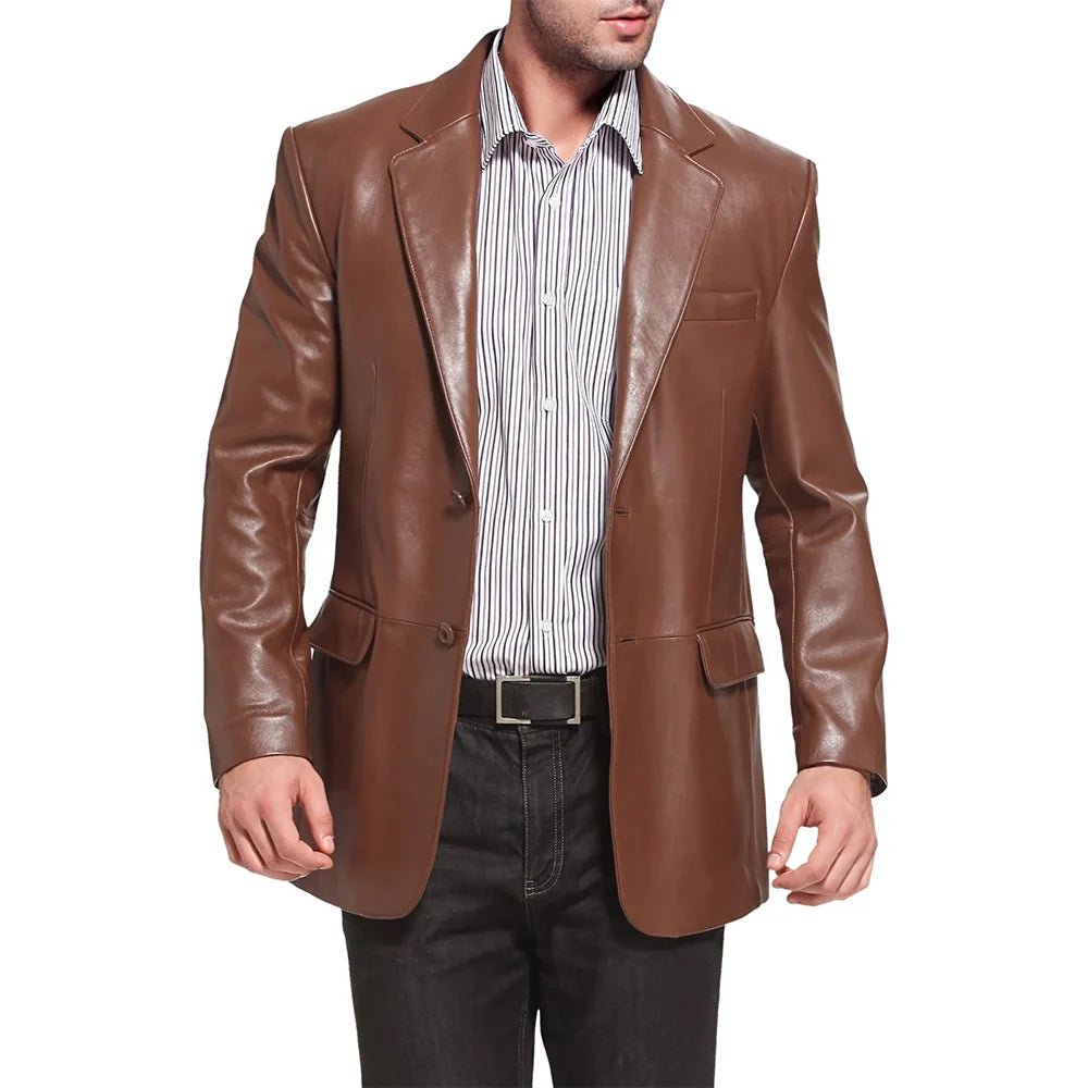 Men’s Brown Leather Blazer with Notch Lapel & Two Buttons