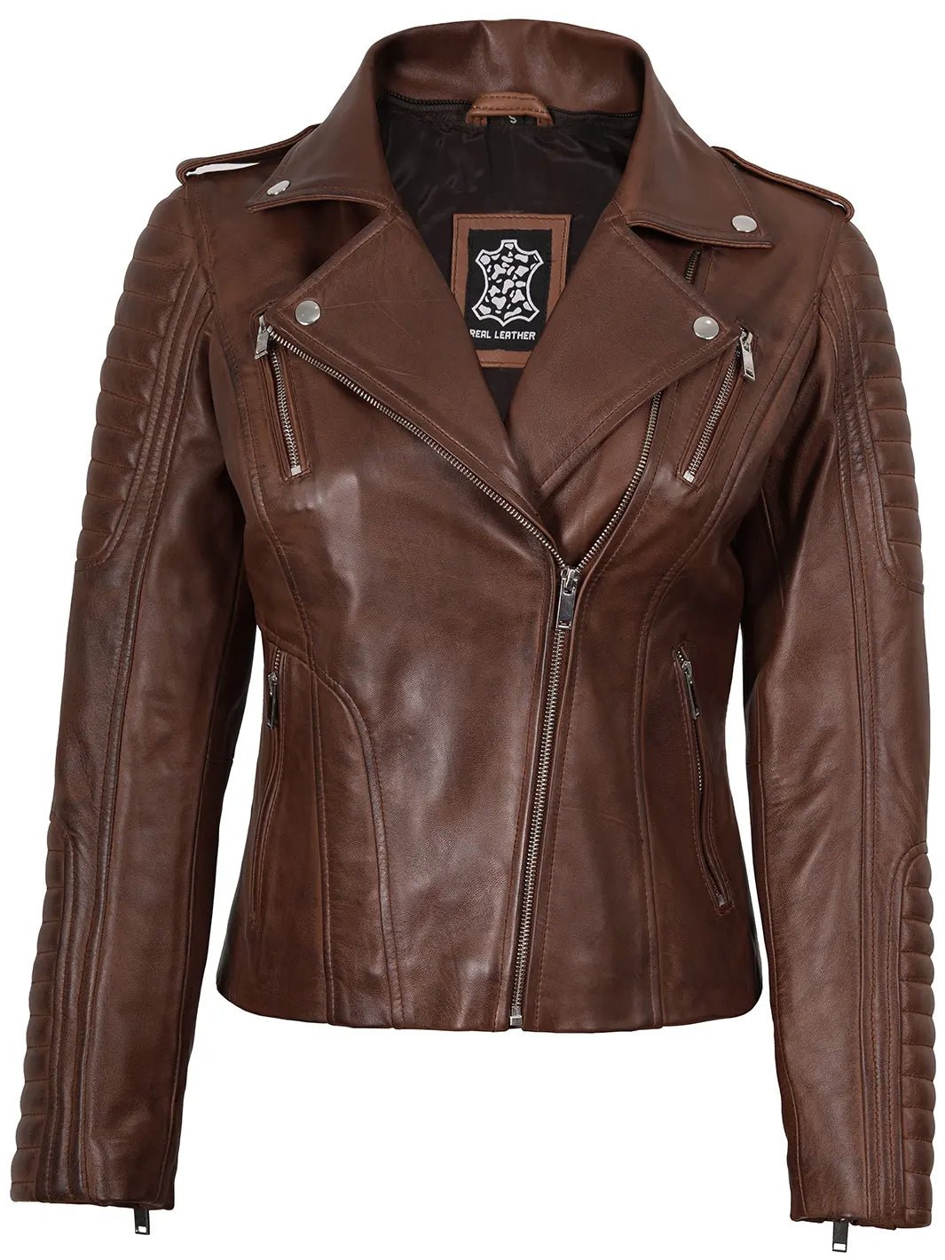 Bagheria Womens Cognac Biker Style Leather Jacket With Removable Hood - Image 3