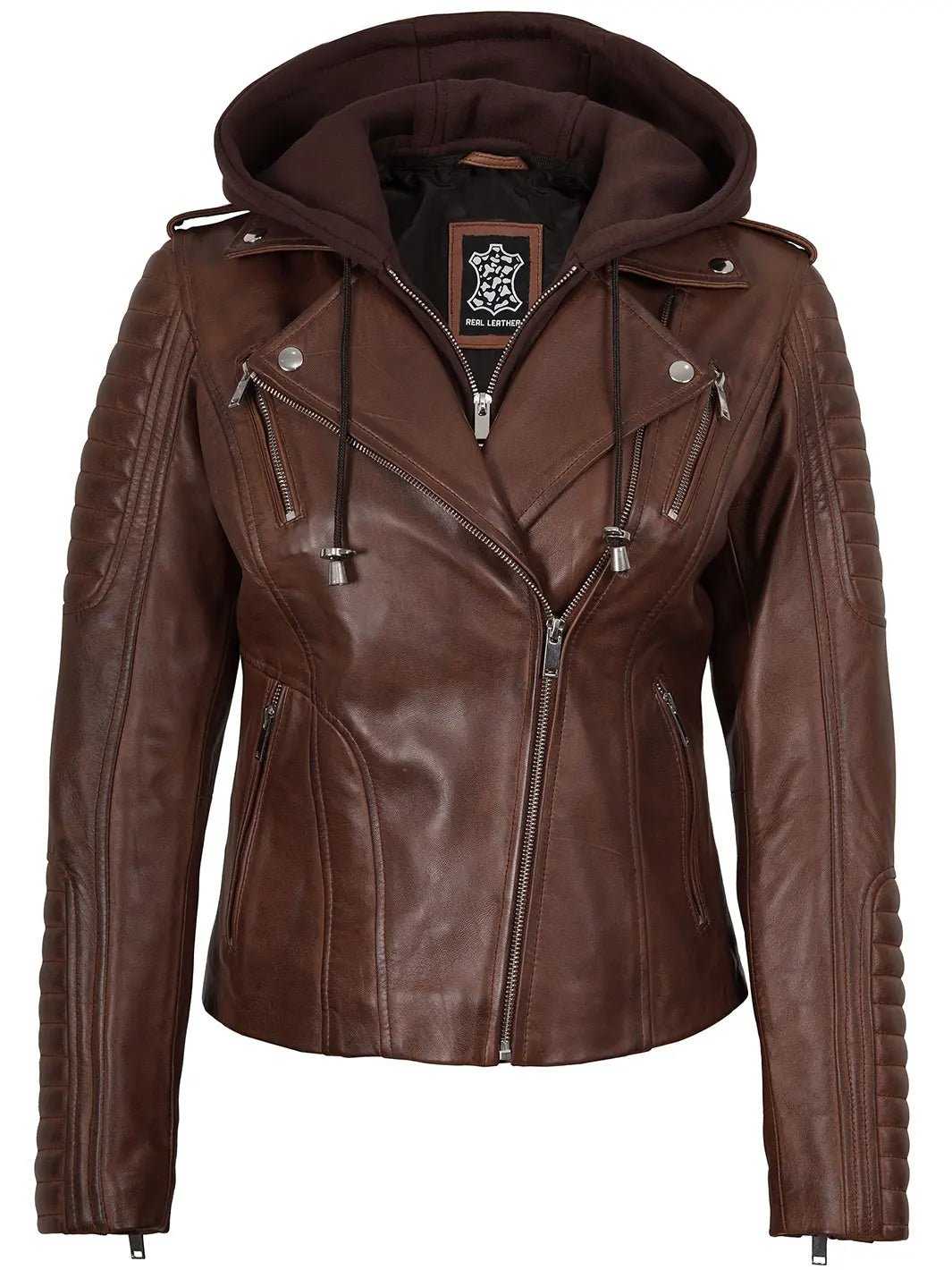Bagheria Womens Cognac Biker Style Leather Jacket With Removable Hood - Image 7