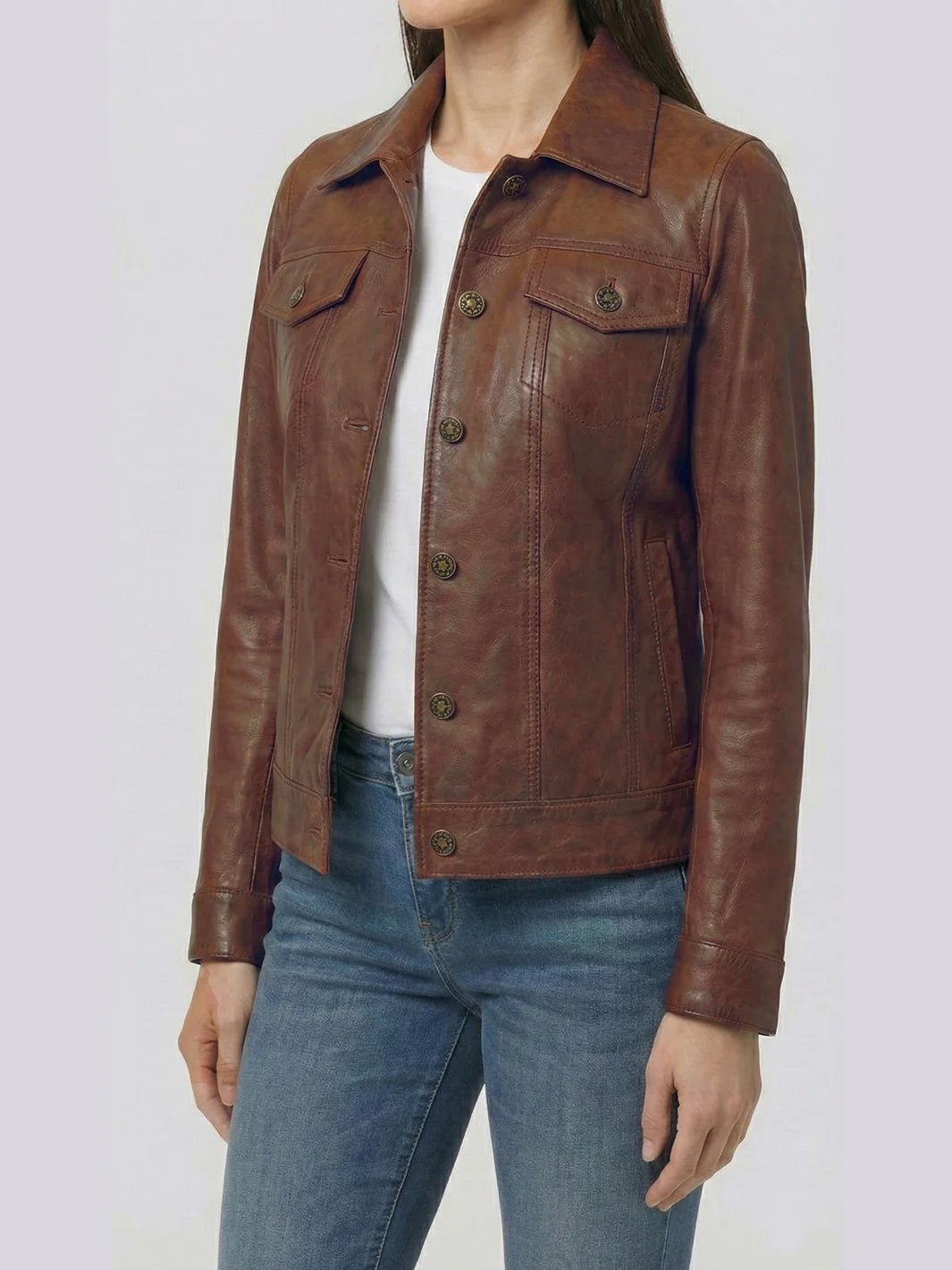 Women's Cognac Brown Leather Trucker Jacket - Image 3