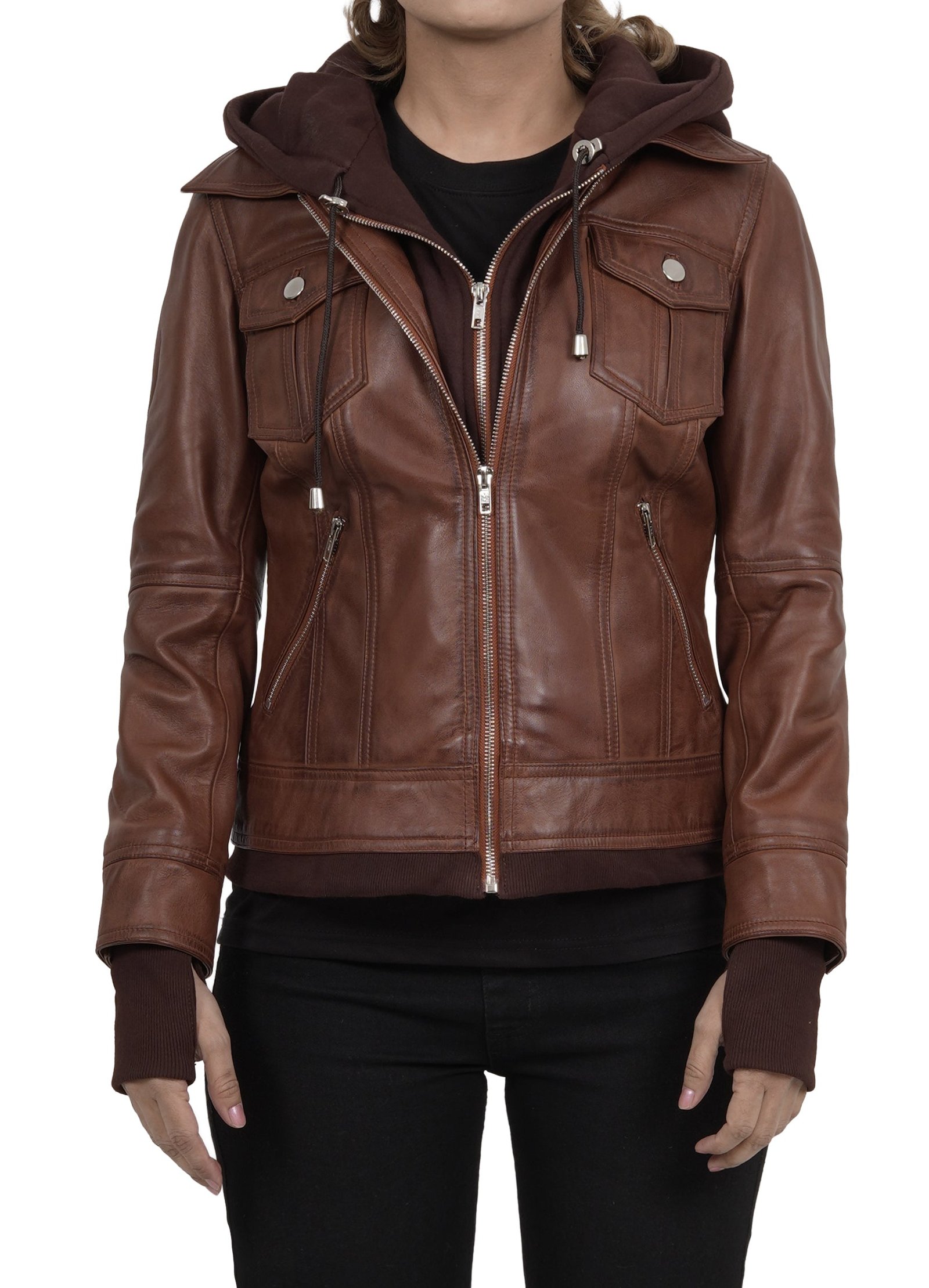 Dark Brown Women's Bomber Jacket with Removable Hood - Image 4