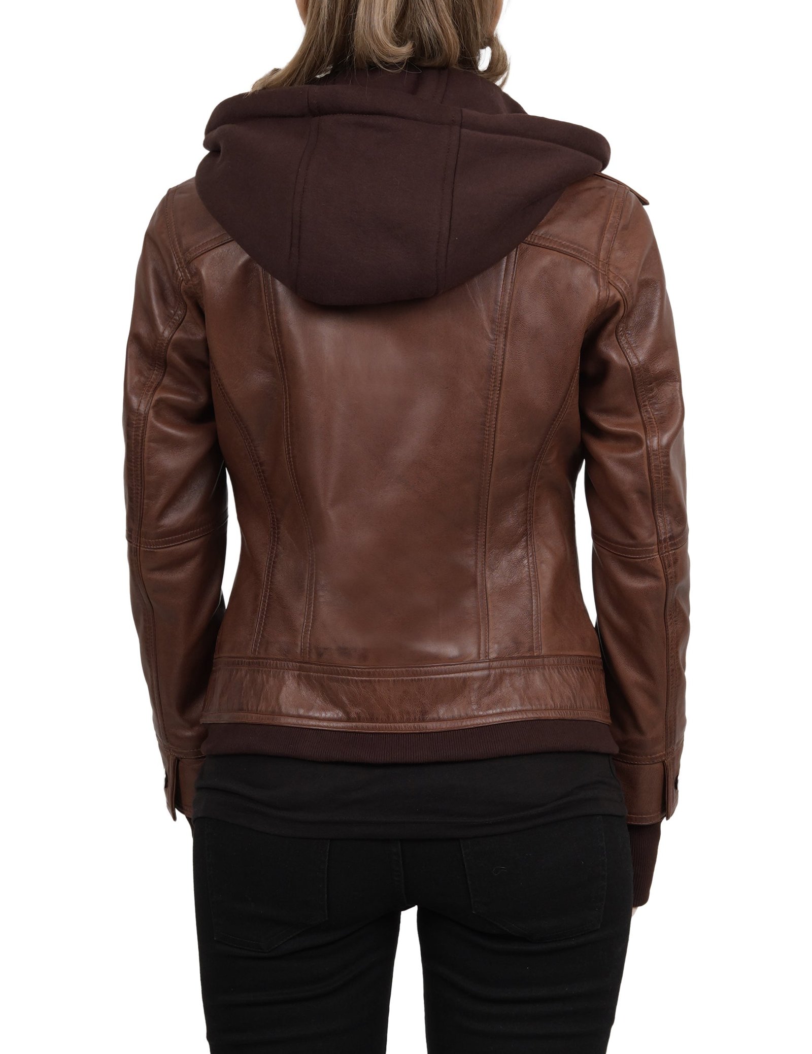 Dark Brown Women's Bomber Jacket with Removable Hood - Image 5