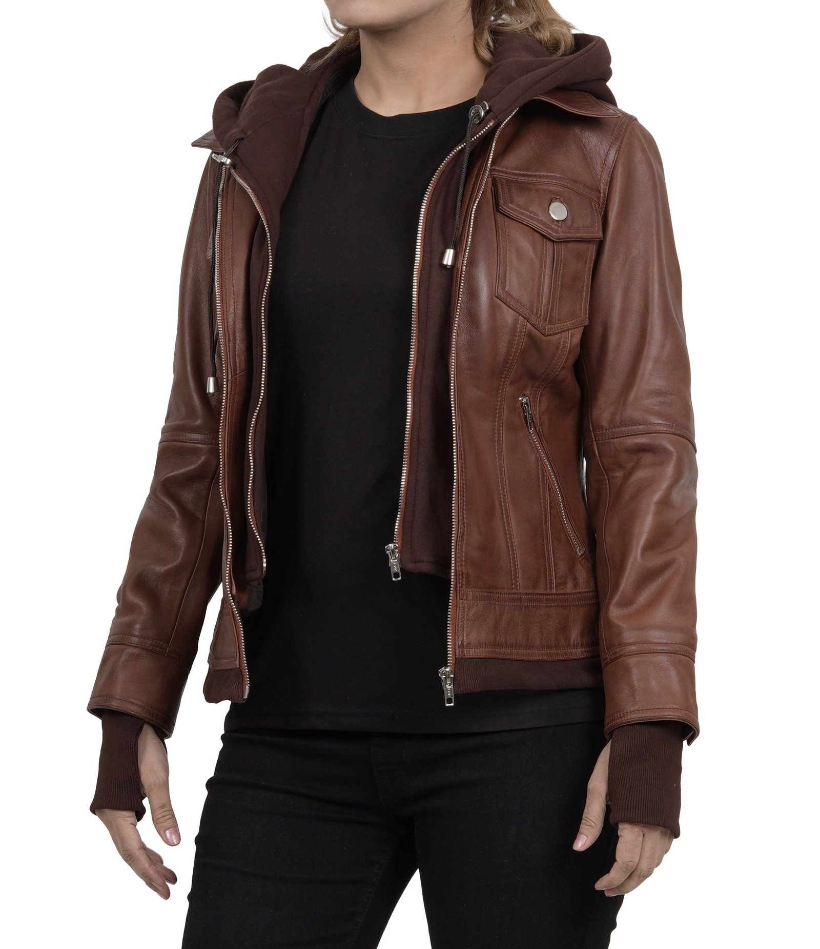 Dark Brown Women's Bomber Jacket with Removable Hood - Image 6