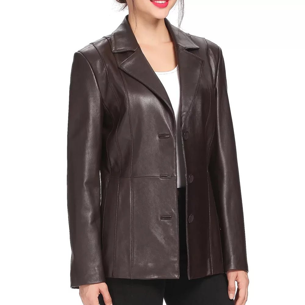 Women's Dark Brown Princess Seam Leather Blazer - Image 3