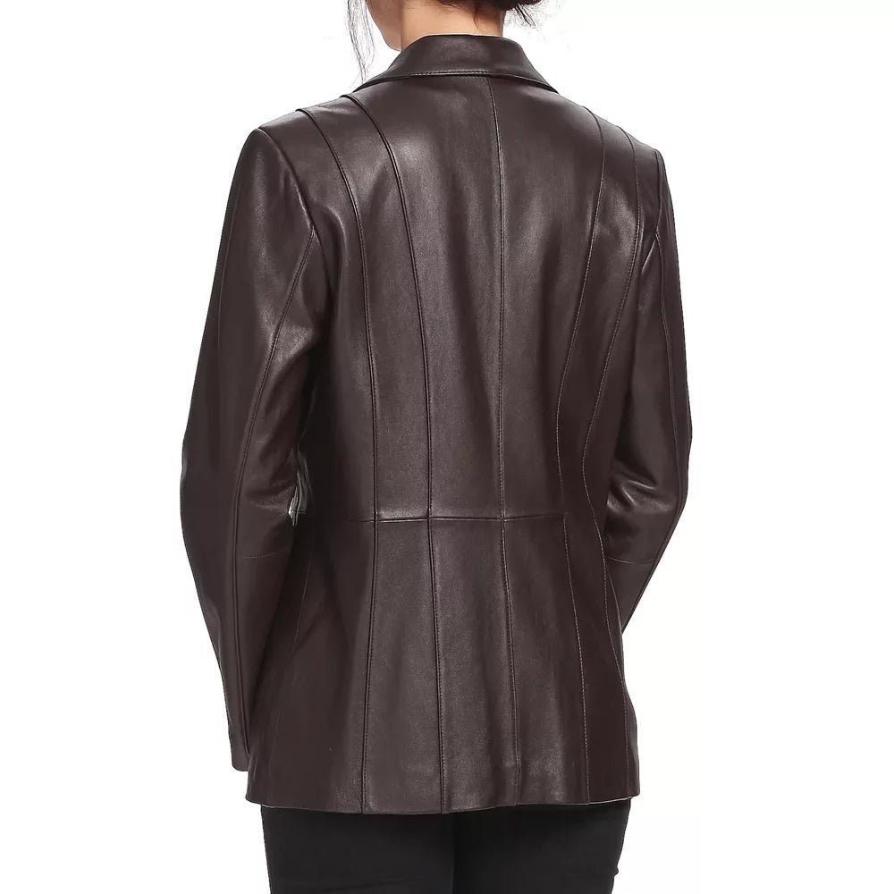Women's Dark Brown Princess Seam Leather Blazer - Image 4