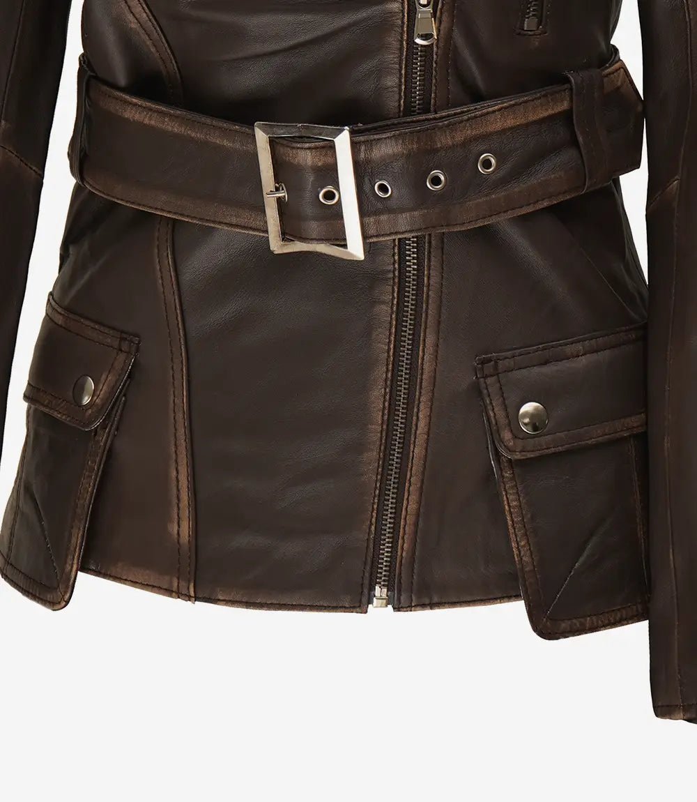 Women's Distressed Brown Asymmetrical Leather Biker Style Jacket - Image 5