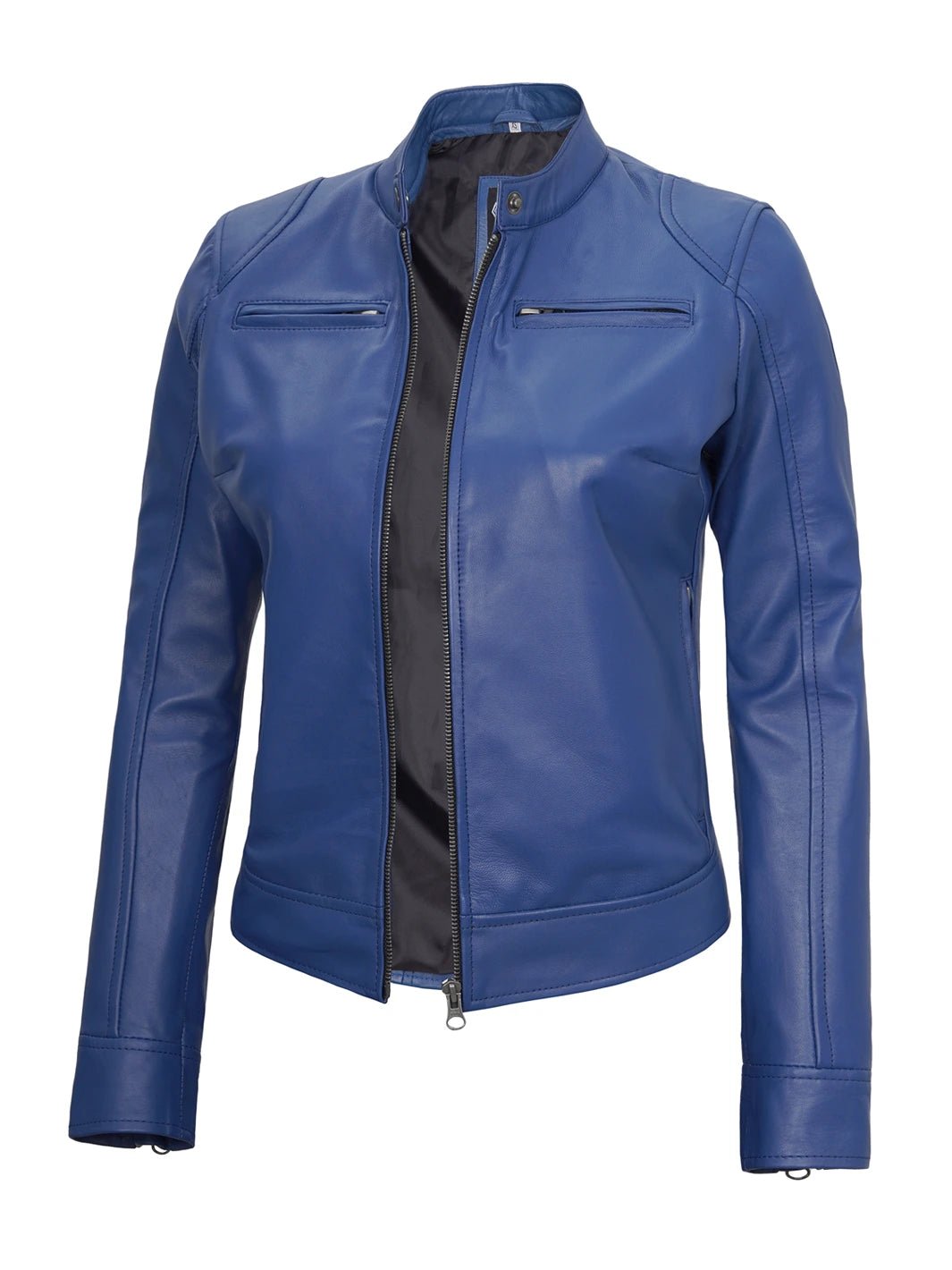 Dodge Women's Blue Cafe Racer Style Leather Jacket