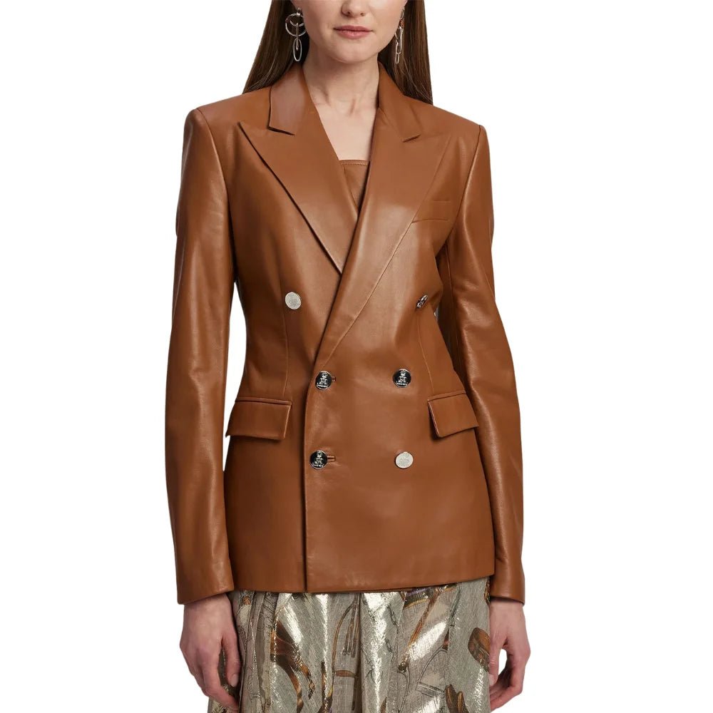 Women's Double Breasted Brown Leather Blazer - Image 2