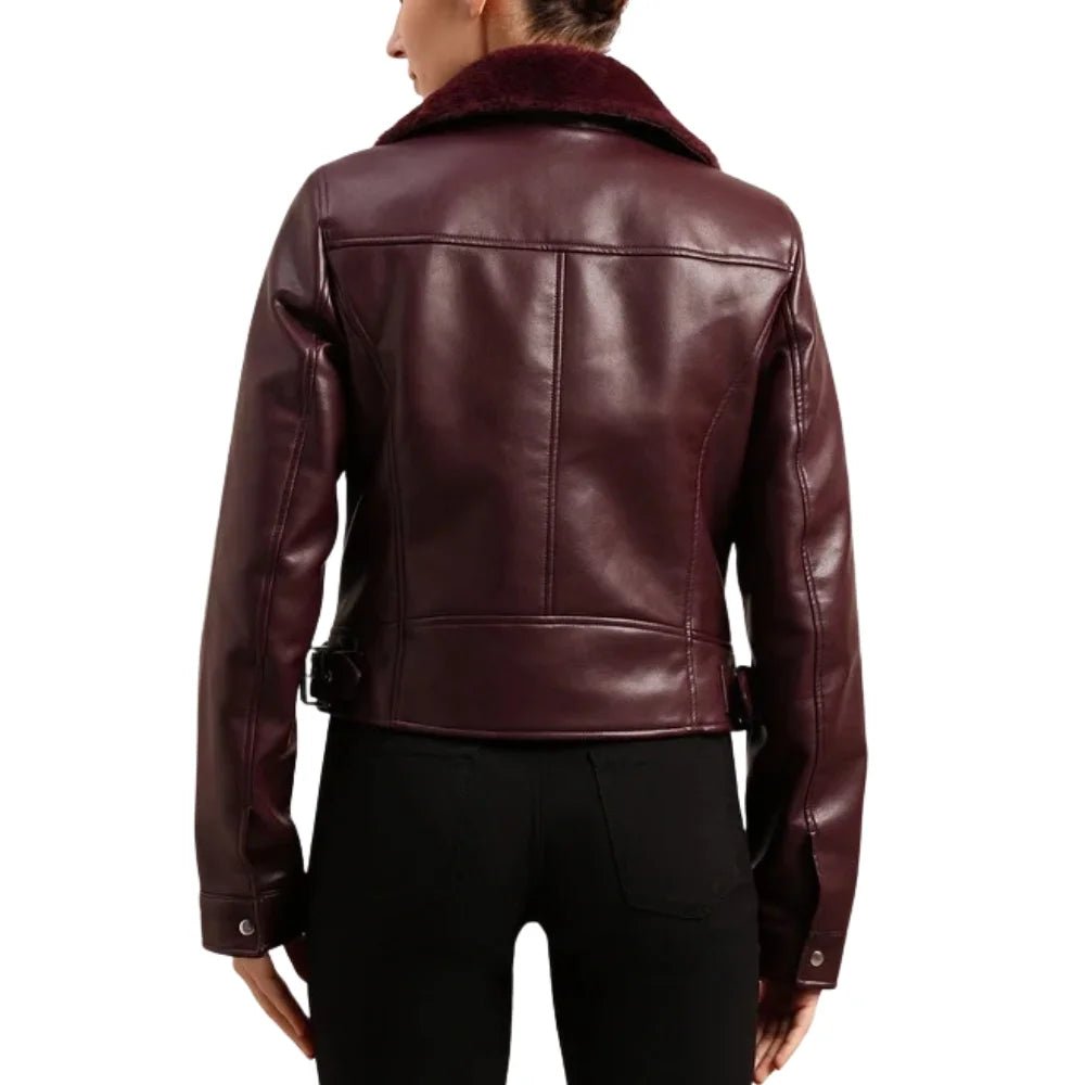 Women's Burgundy Fur Shearling Leather Jacket - Image 8