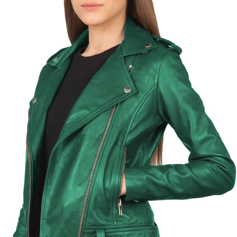 Women's Real Emerald Green Leather Jacket - Image 2