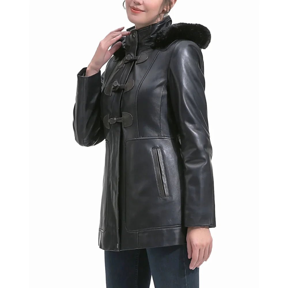 Women's Black Hooded Leather Duffle Coat - Image 6