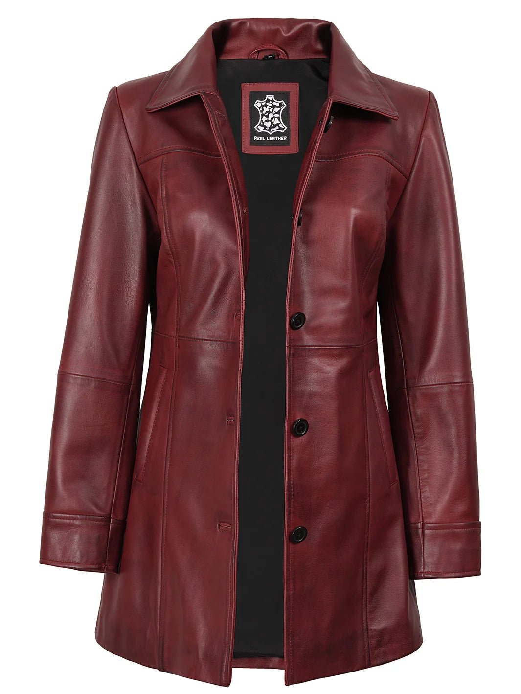 Kandis - Women's Burgundy Leather 3/4 Length Car Coat - Image 3