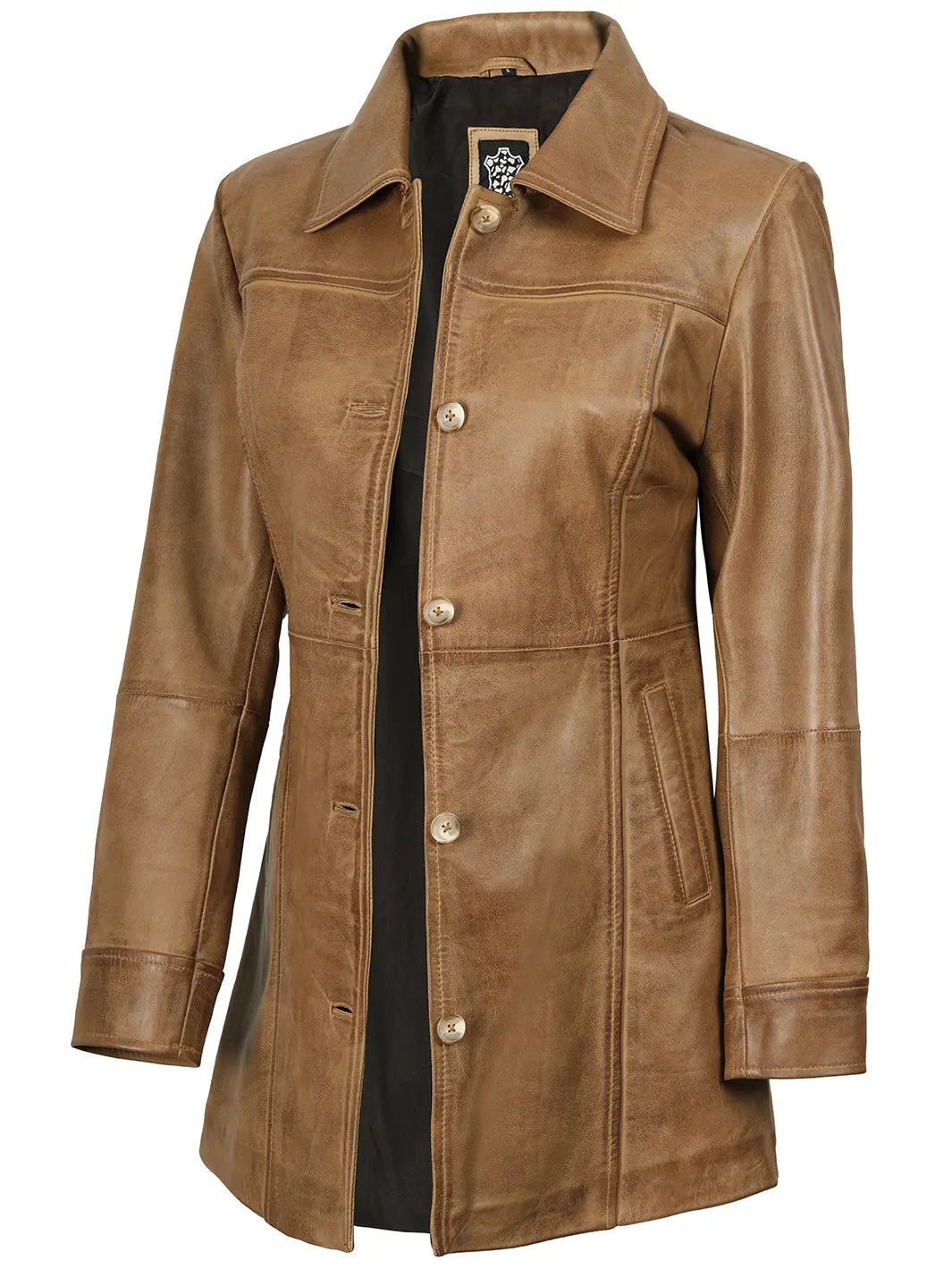 Kandis Womens Camel Brown Real Leather Car Coat
