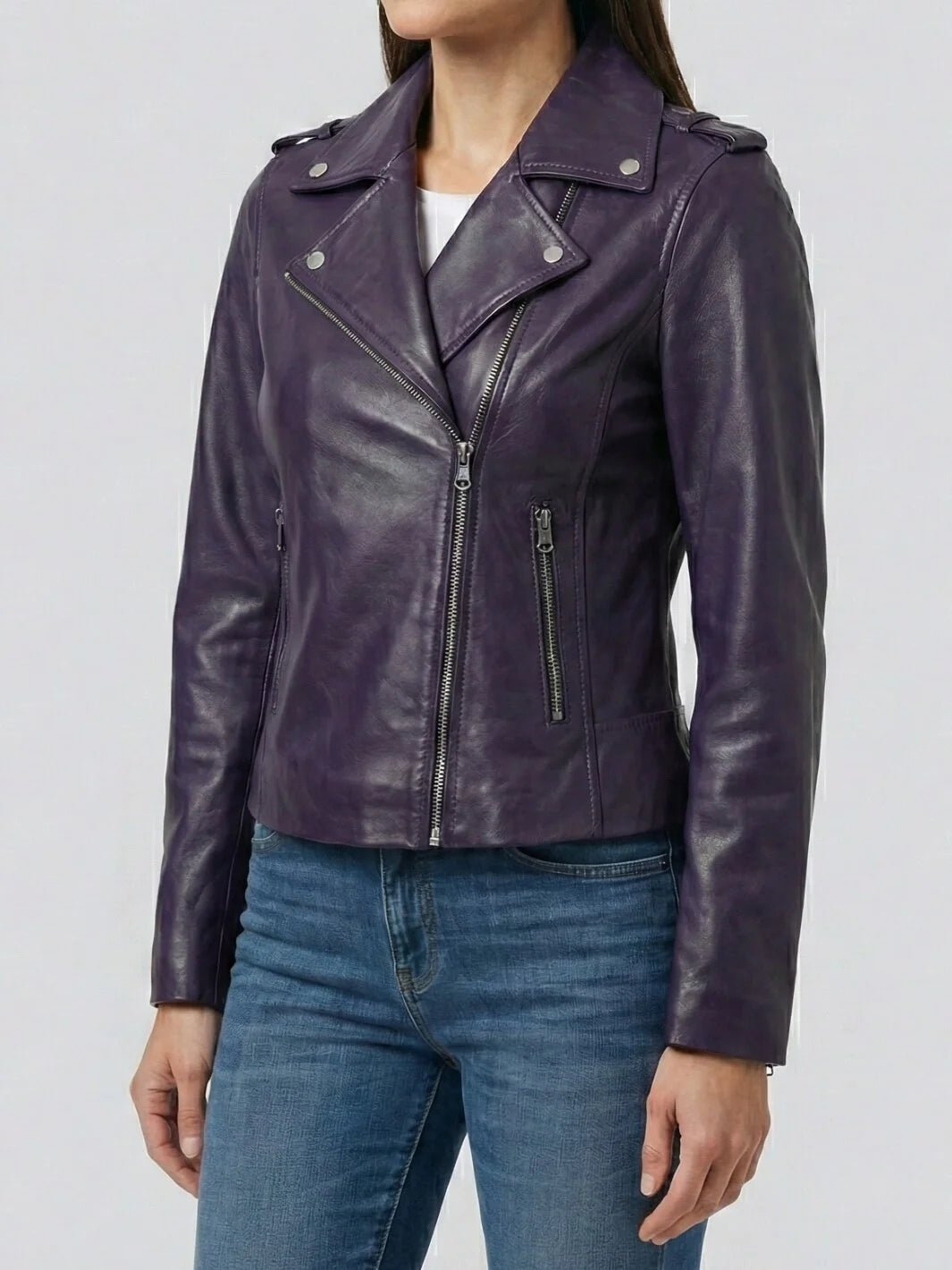 Kirsten Women's Purple Asymmetrical Biker Style Leather Jacket - Image 3