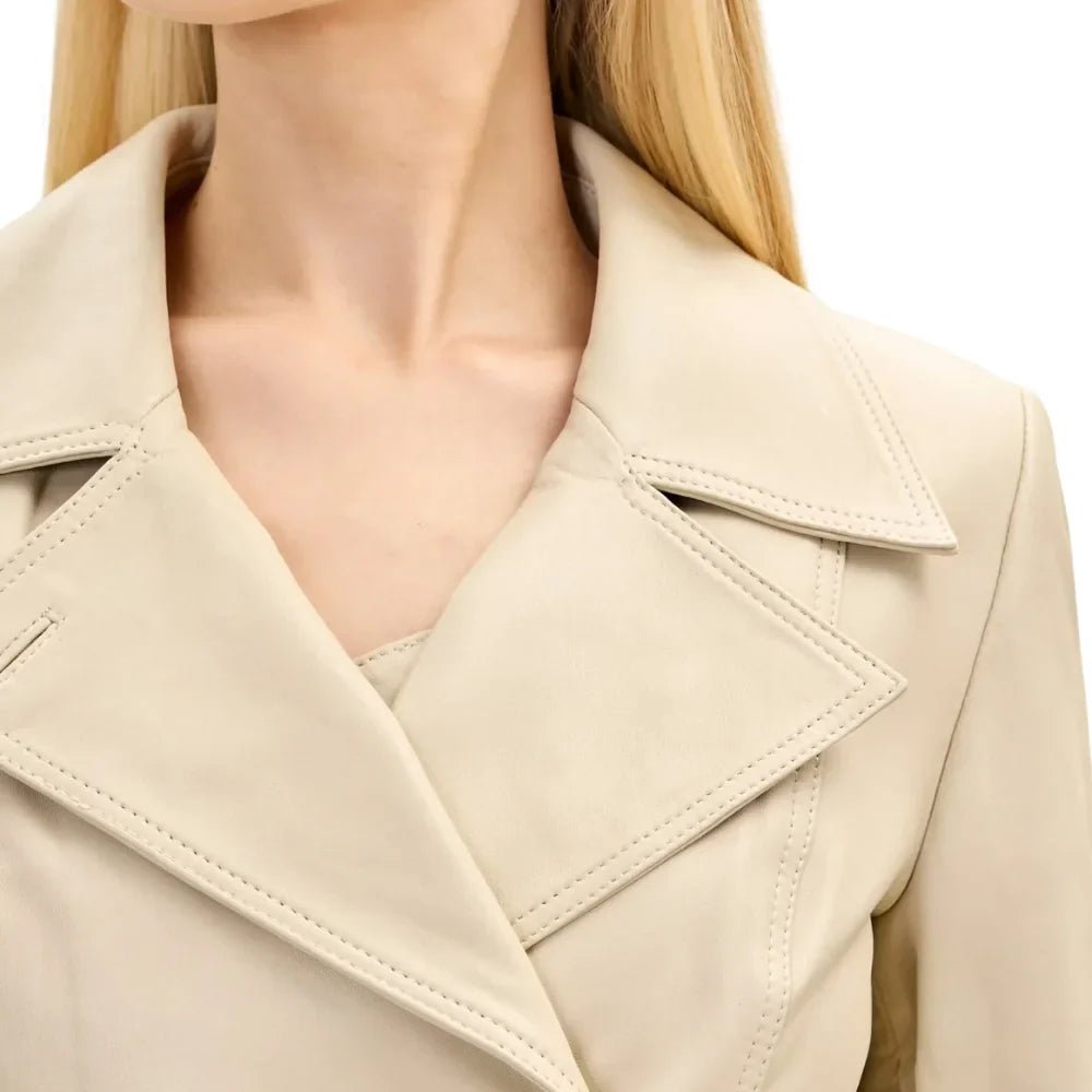 Women’s Beige Double Breasted Leather Trench Coat - Image 3