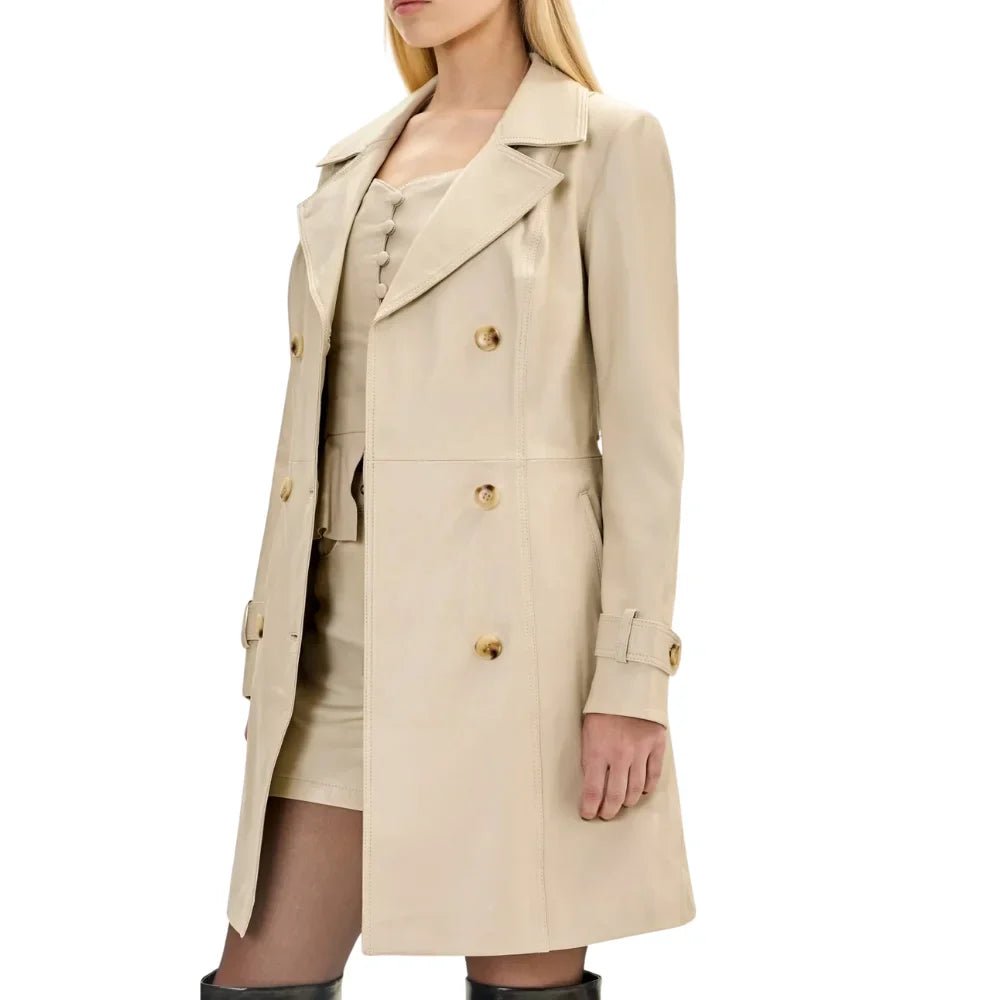 Women’s Beige Double Breasted Leather Trench Coat - Image 2