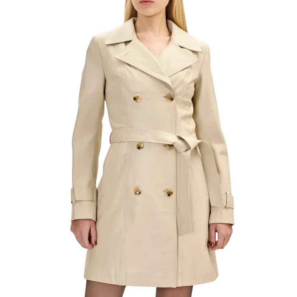 Women’s Beige Double Breasted Leather Trench Coat