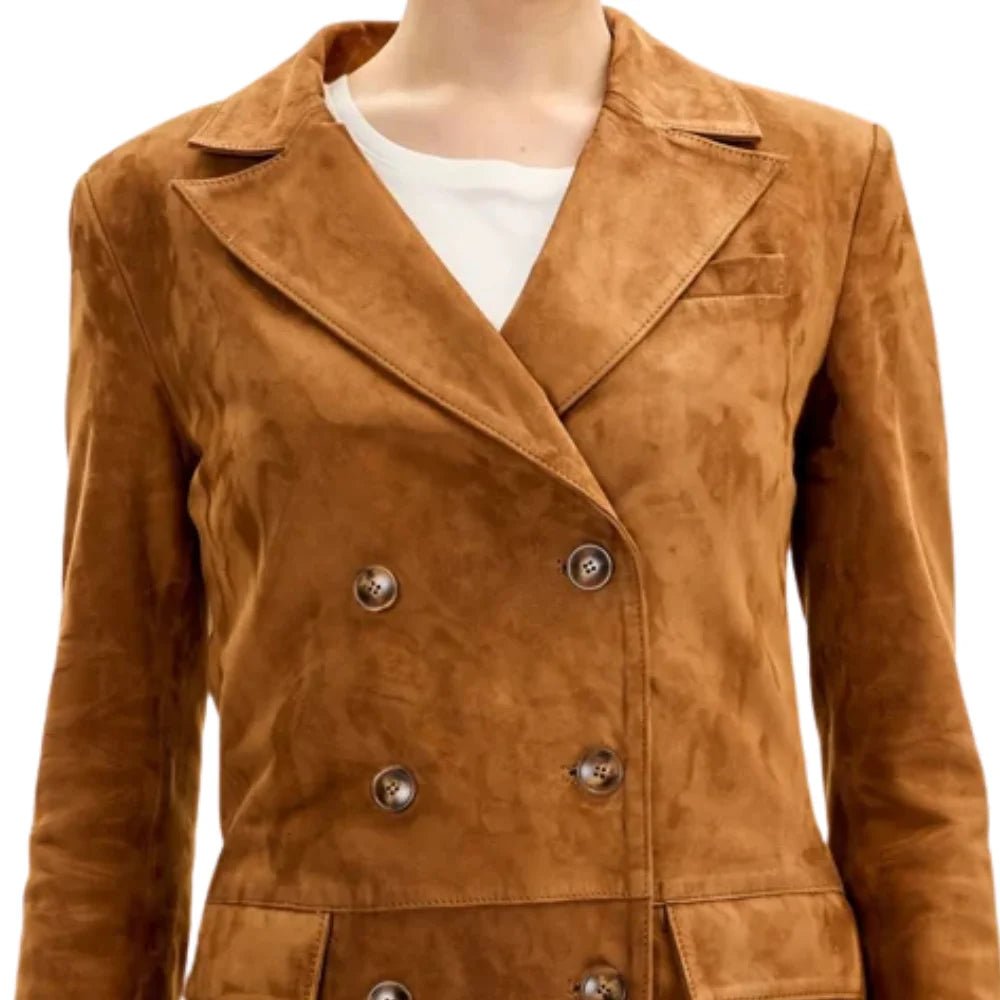 Women’s Brown Suede Double Breasted Long Jacket - Image 2
