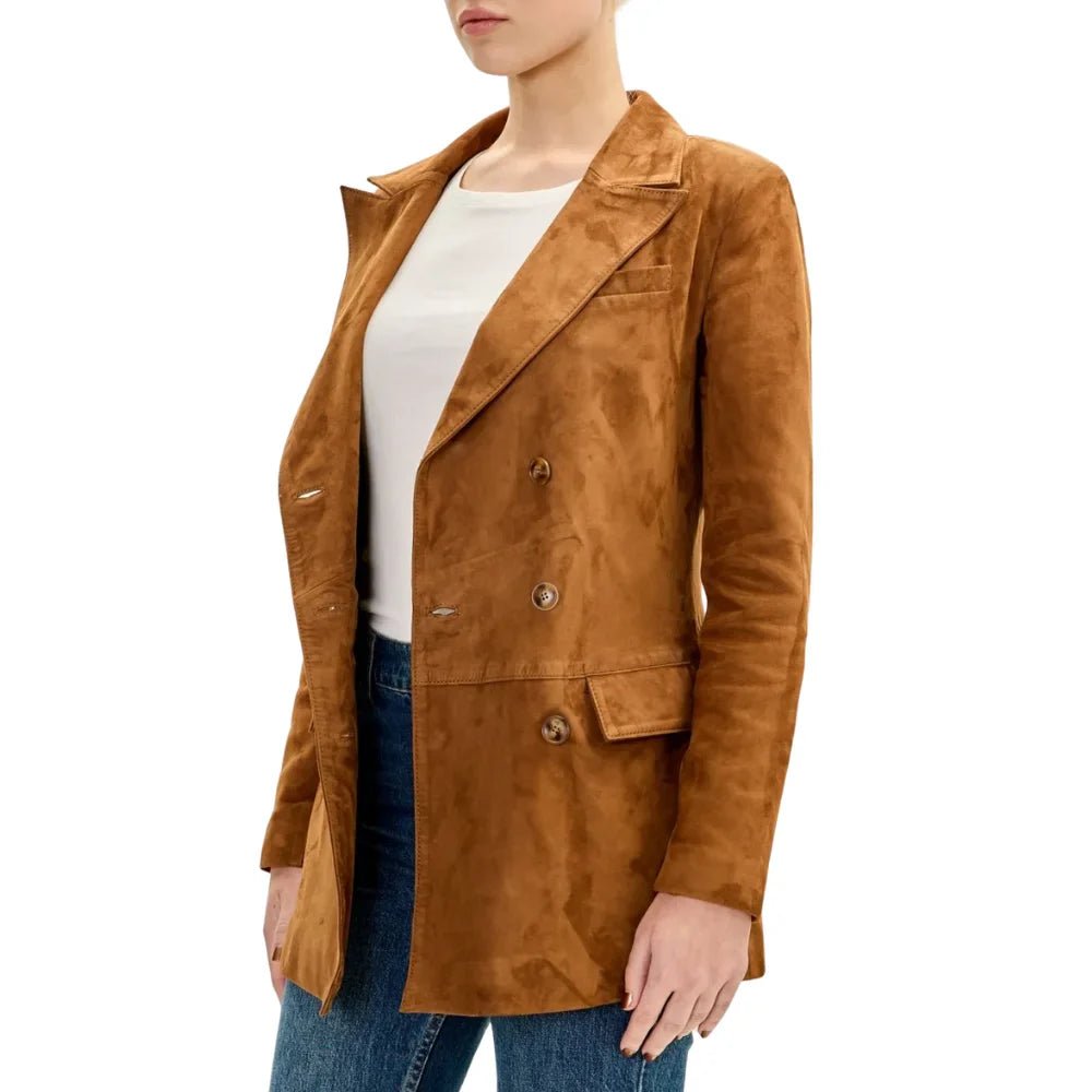 Women’s Brown Suede Double Breasted Long Jacket - Image 3