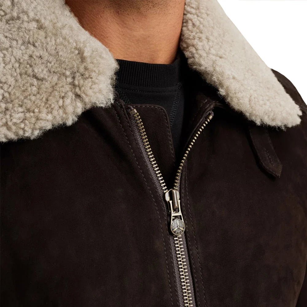 Men's Brown Aviator Nubuck Leather Fur Jacket - Image 2