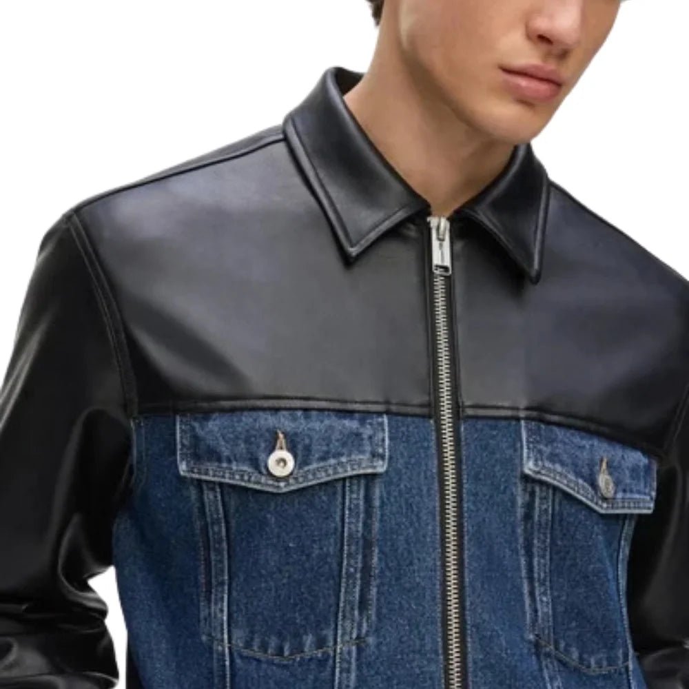 Men's Black Leather Blue Denim Trucker Jacket - Image 3