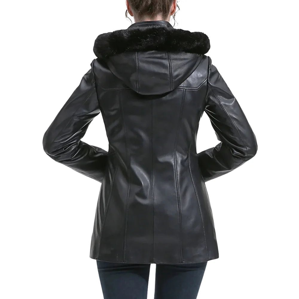 Women's Black Hooded Leather Duffle Coat - Image 9