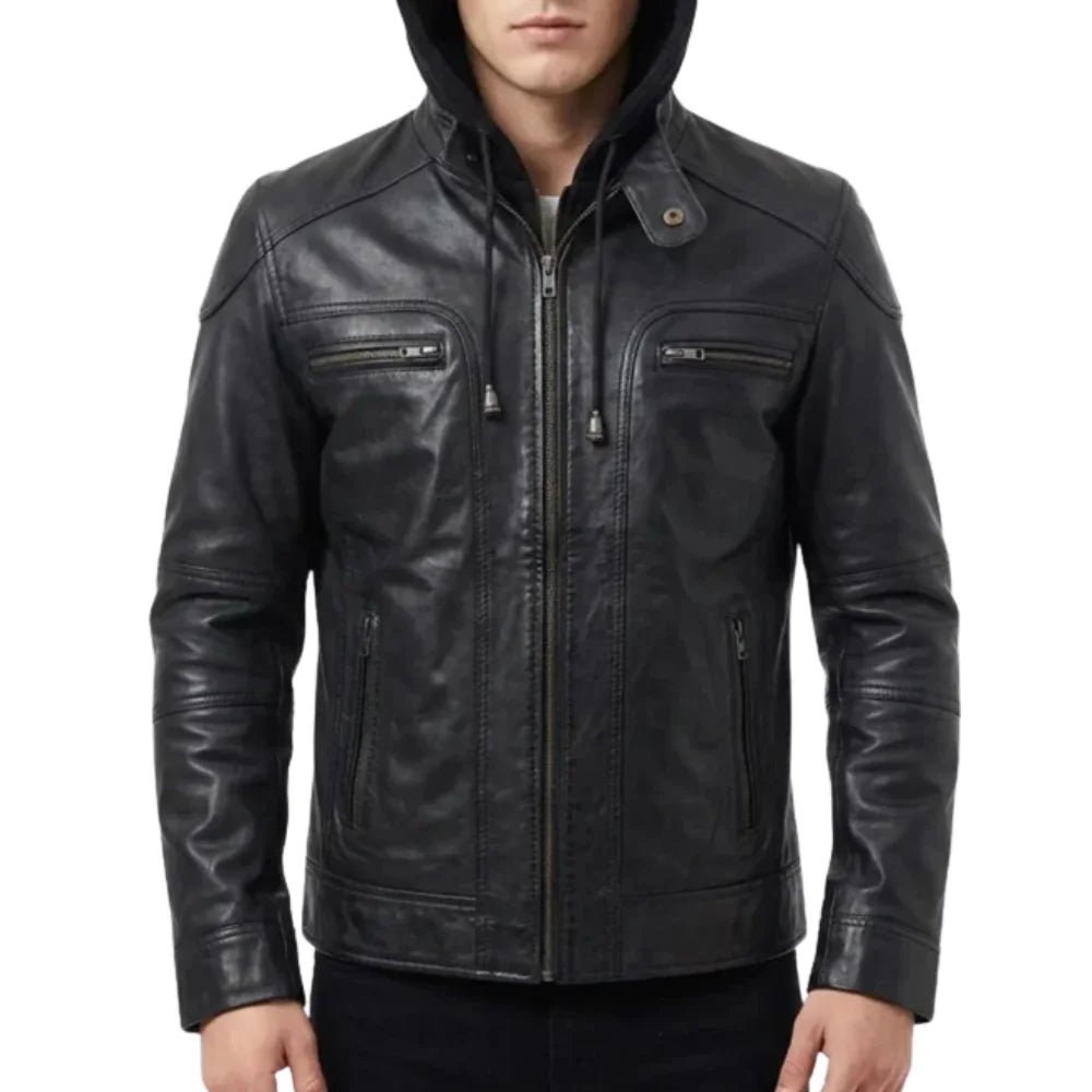 Men's Black Hooded Leather Jacket - Image 3