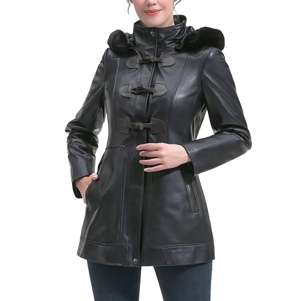 Women's Black Hooded Leather Duffle Coat - Image 7