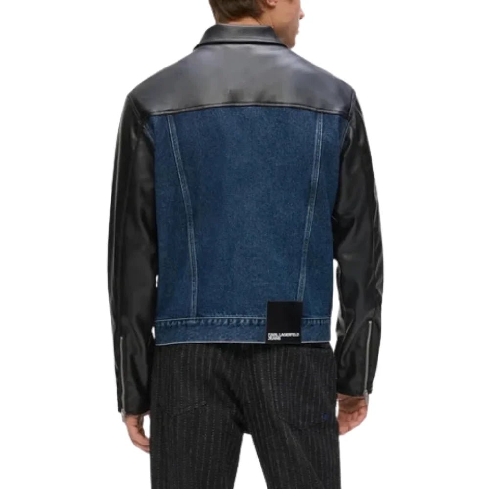 Men's Black Leather Blue Denim Trucker Jacket - Image 6