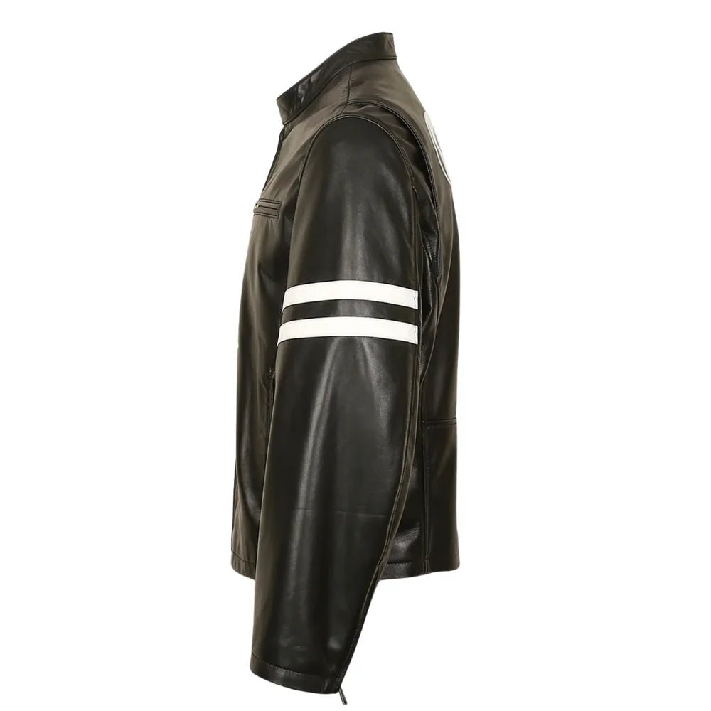 Men's Black Striped Leather Cafe Racer Jacket - Image 3