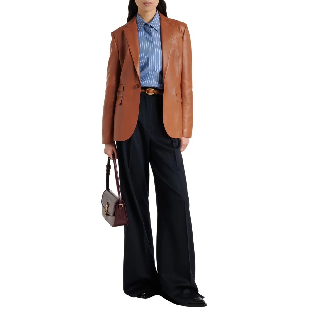Women's Single Button Cognac Leather Blazer with Ticket Pocket - Image 4