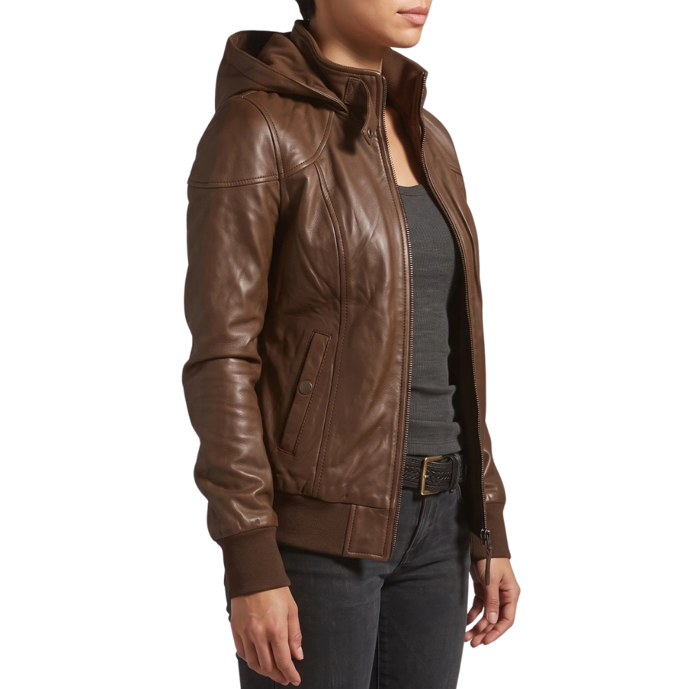 Women's Hooded Brown Leather Jacket - Image 4