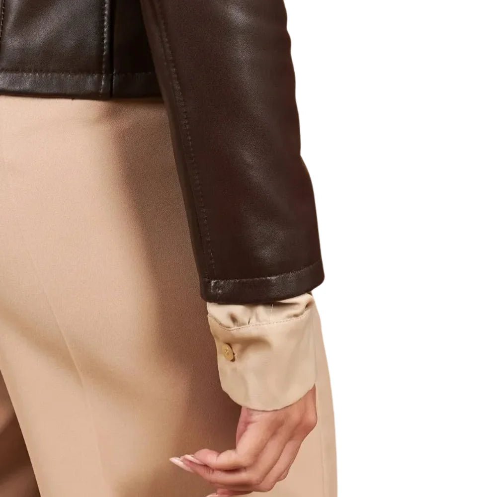 Women's Dark Brown Leather Stand Collar Jacket - Image 11