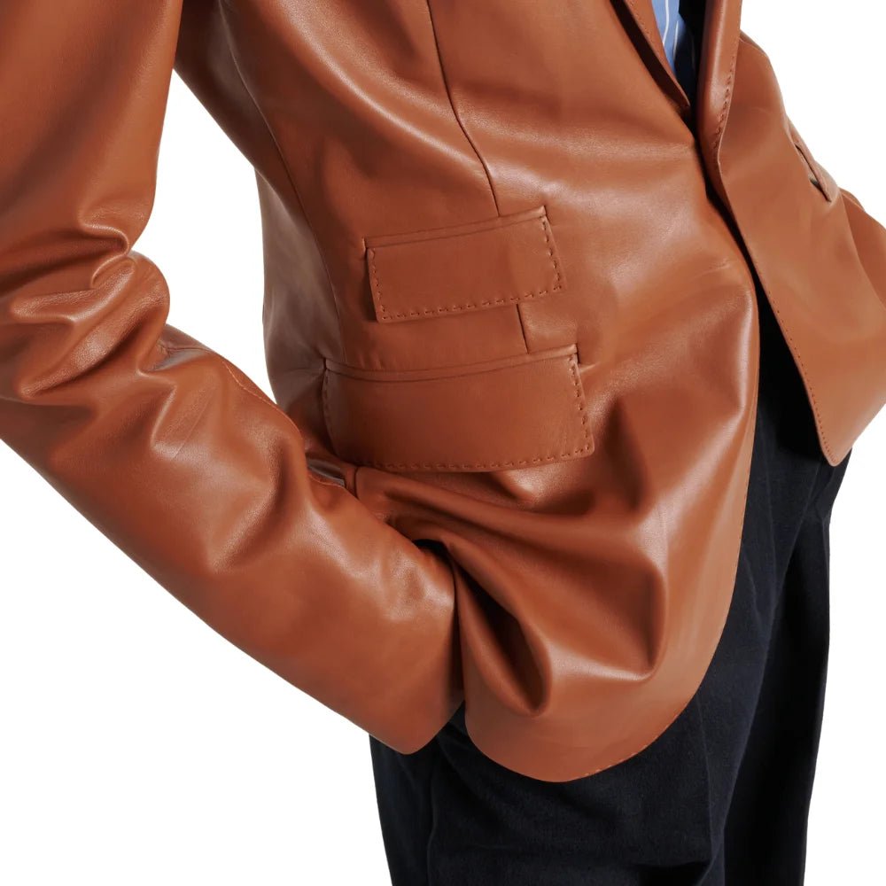 Women's Single Button Cognac Leather Blazer with Ticket Pocket - Image 3