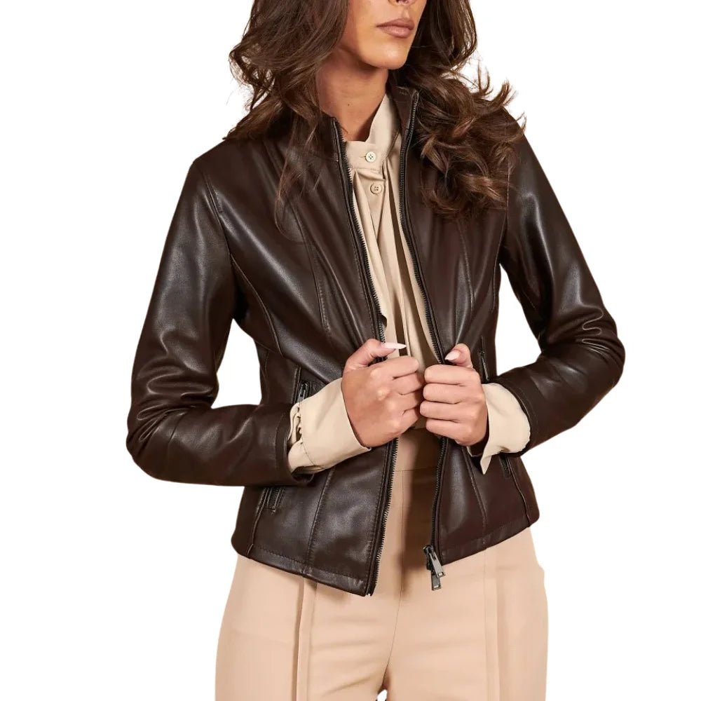 Women's Dark Brown Leather Stand Collar Jacket - Image 6