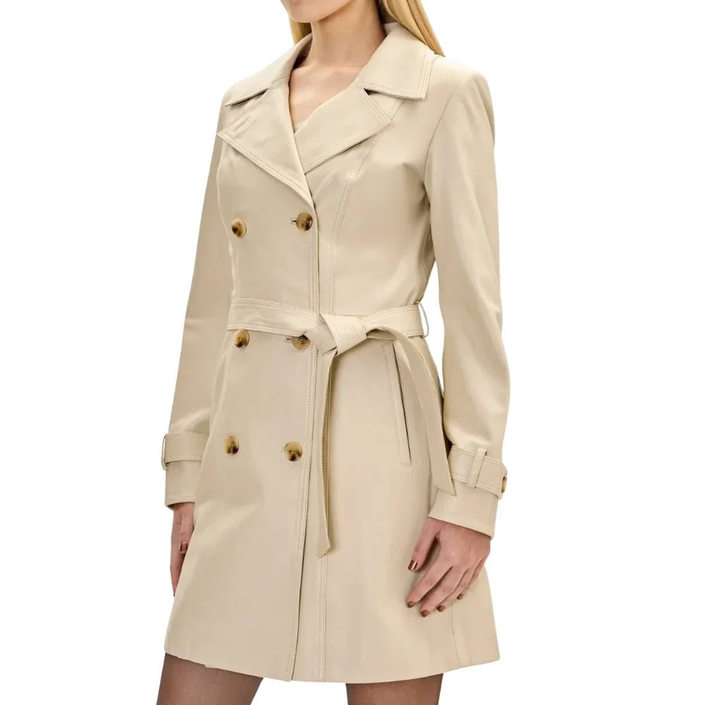 Women’s Beige Double Breasted Leather Trench Coat - Image 5