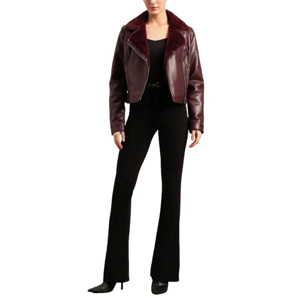 Women's Burgundy Fur Shearling Leather Jacket - Image 6