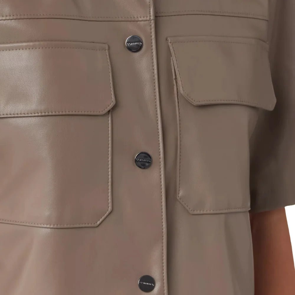 Women's Taupe Short Sleeve Leather Shirt - Image 4