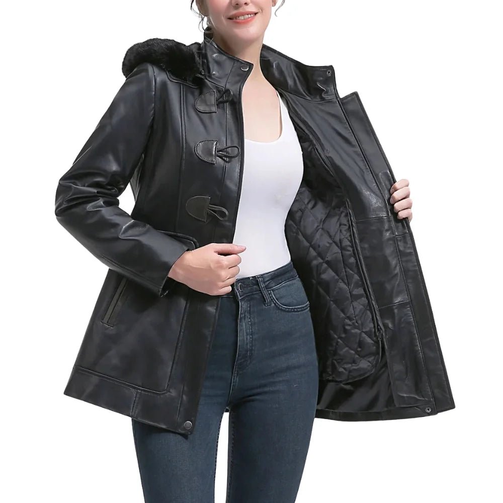 Women's Black Hooded Leather Duffle Coat - Image 4